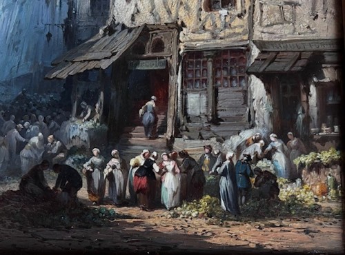 Tableaux et dessins Tableaux XIXe siècle - Jour de marché animé en Normandie - Léonard saurfelt (1840-1890).