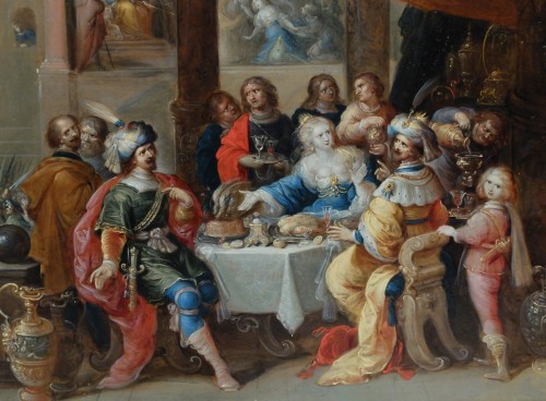 Le banquet d'Esther, atelier de Frans Francken II, 1er tiers du XVIIe siècle - Tableaux et dessins Style Louis XIII