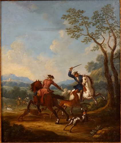 Chasse à courre par Carel Van Falens - École flamande du début du XVIIIe siècle. - Tableaux et dessins Style Régence