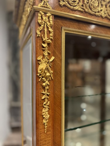 Napoléon III - Vitrine fin 19e  en marqueterie de bois de roses et bronzes dorés 