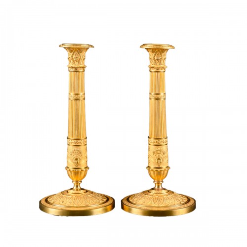 Large Pair Of French Empire Candlesticks With Zephyr Masks