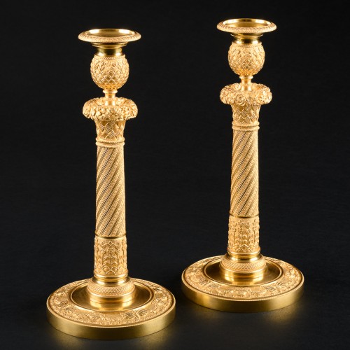 Large Pair Of French Empire Candlesticks With Butterflies - Lighting Style Empire