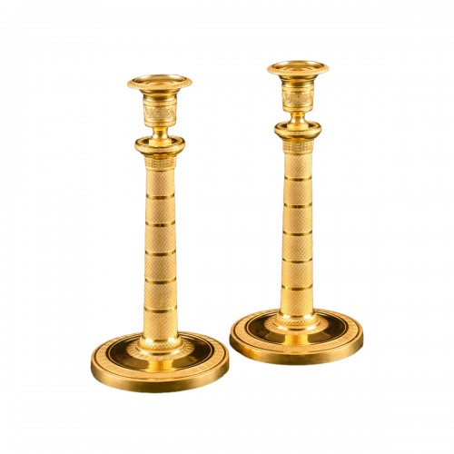 Pair Of Empire Candlesticks With Guilloche Motifs circa 1815