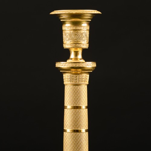 Pair Of Empire Candlesticks With Guilloche Motifs circa 1815 - Lighting Style Empire