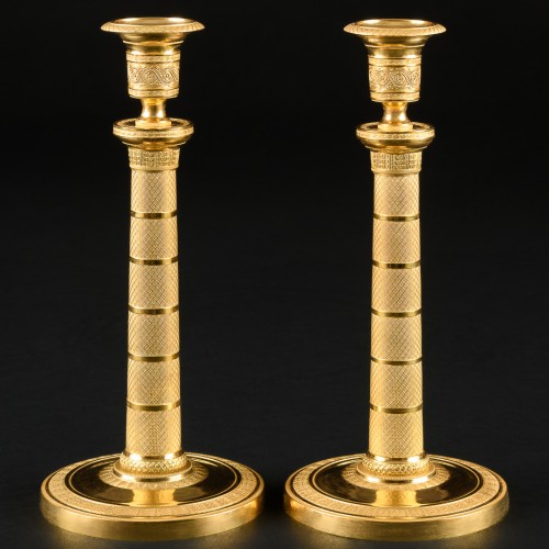 Pair Of Empire Candlesticks With Guilloche Motifs circa 1815 - 