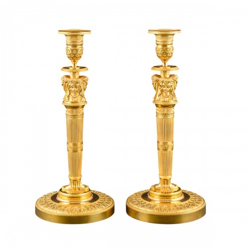 Large pair of Empire candlesticks with classical female caryatid heads 