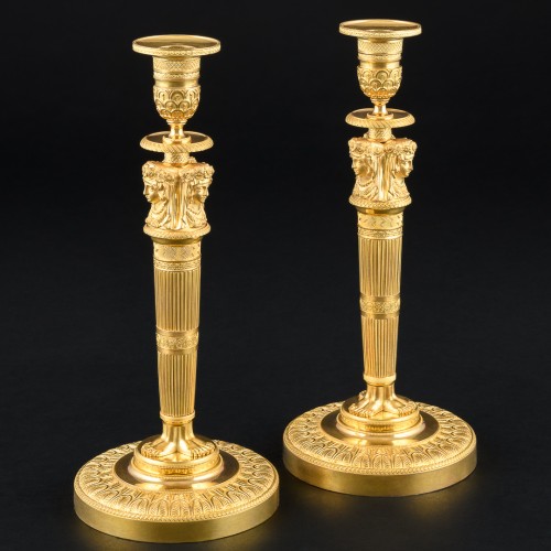 Large pair of Empire candlesticks with classical female caryatid heads  - Lighting Style Empire