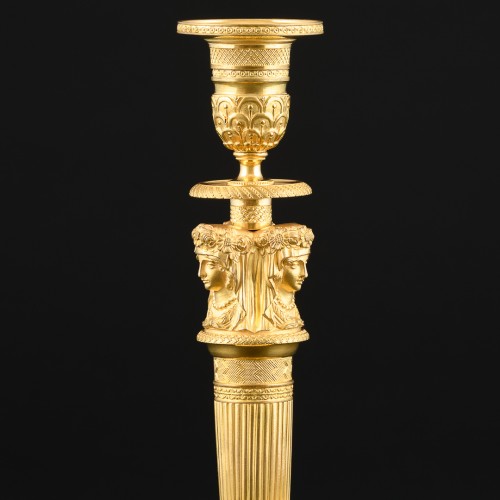 Lighting  - Large pair of Empire candlesticks with classical female caryatid heads 