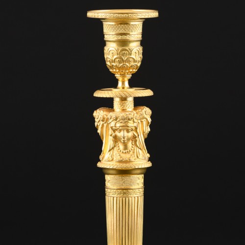 Large pair of Empire candlesticks with classical female caryatid heads  - 