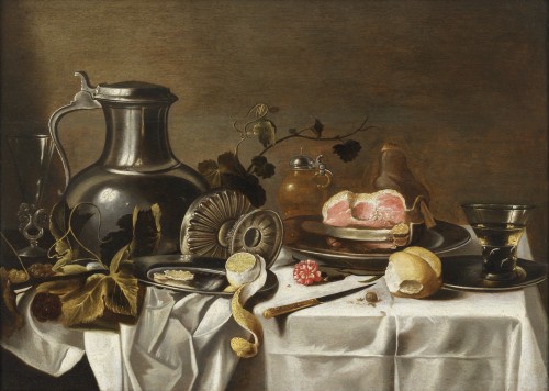 Still life with pitcher, tazza, ham and carnation. Pieter Claesz workshop - Paintings & Drawings Style 
