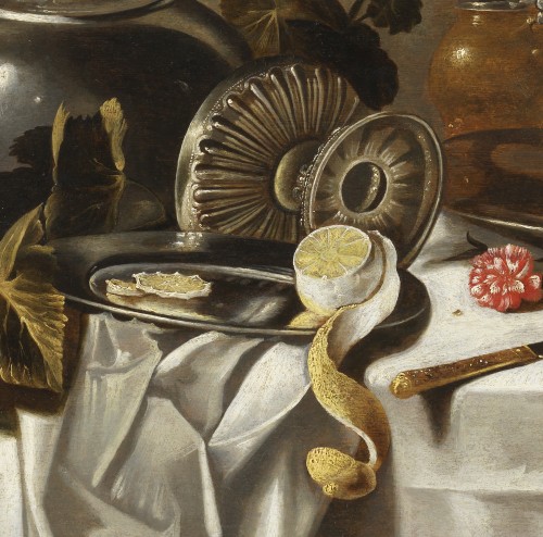 XVIIe siècle - Nature morte au pichet, à la tazza, au jambon et à l’œillet. Atelier de Pieter Claesz