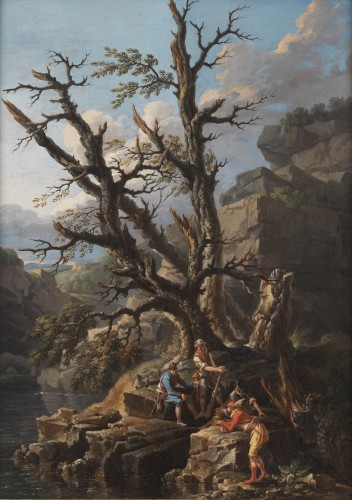 Paysage rocheux avec des soldats et des chasseurs – Salvator Rosa vers 1650 - Tableaux et dessins Style 