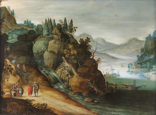 Paysage animé au bord d’une rivière - Atelier de Joos de Momper II (1564 – 1635) - Tableaux et dessins Style 