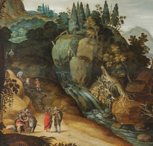 Tableaux et dessins Tableaux XVIIe siècle - Paysage animé au bord d’une rivière - Atelier de Joos de Momper II (1564 – 1635)