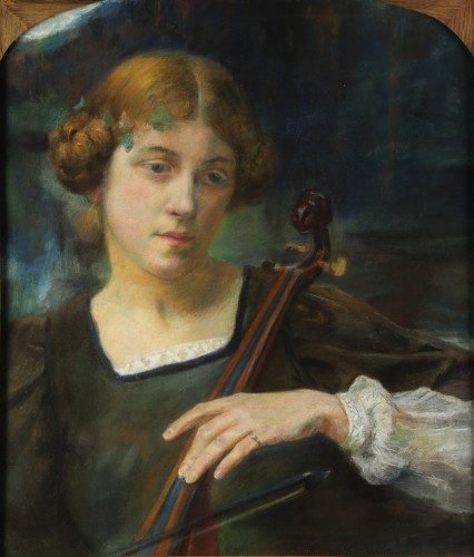 Young woman playing a string instrument by Edgard Maxence (1871-1954) - Paintings & Drawings Style Art nouveau