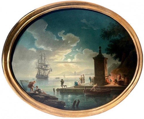 18th century French Moonlit Harbour painting