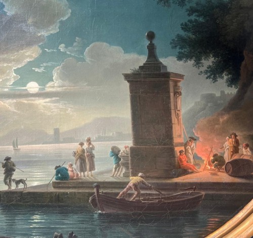 18th century French Moonlit Harbour painting - Paintings & Drawings Style 