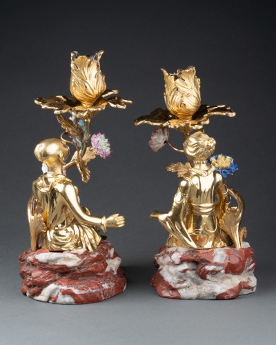 Antiquités - Paire de flambeaux aux chinois, Paris époque Louis XV