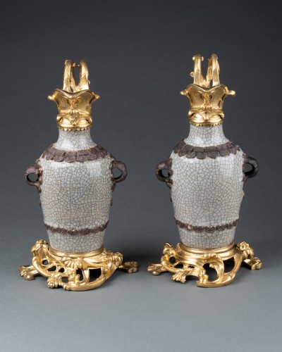 Pair of small celadon porcelain ewers, Paris circa 1750 - Louis XV