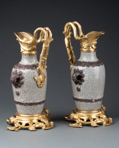 Louis XV - Pair of small celadon porcelain ewers, Paris circa 1750