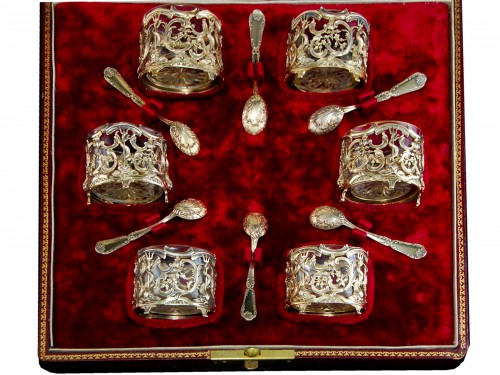 PUIFORCAT – Set of six vermeil and cut crystal salt cellars with spoons