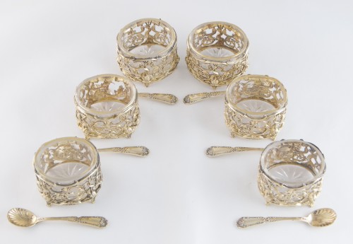 19th century - Puiforcat – Set of six vermeil and cut crystal salt cellars with spoons