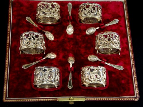 Puiforcat – Set of six vermeil and cut crystal salt cellars with spoons - 