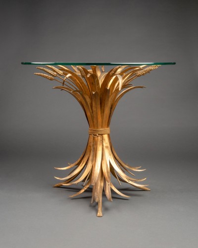 20th century - Pedestal table in gilded brass and glass