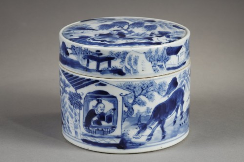 Antiquités - Boite en porcelaine bleu blanc, Chine 19e siècle