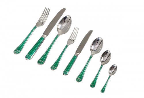 Christofle Talisman Cutlery Set Silver Metal Green Chinese Lacquer 93 Pces
