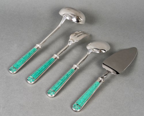Christofle Talisman Cutlery Set Silver Metal Green Chinese Lacquer 93 Pces - 