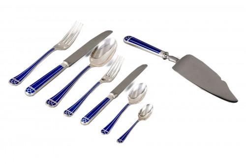 Christofle - Talisman Cutlery Set Silver Metal Blue Chinese Lacquer 85 Pces