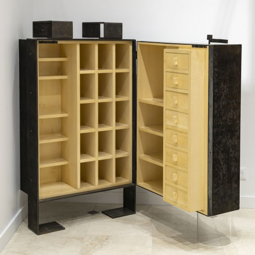 Pierre Chareau Editions circa 1990 -  Cabinet Wood And Wrought Iron - Furniture Style 