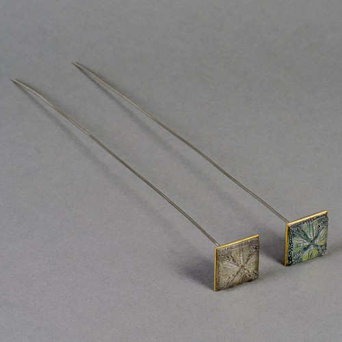 Antique Jewellery  - 1912 René Lalique Pair Of Hat Pins Papillons Butterflies Glass with Patina