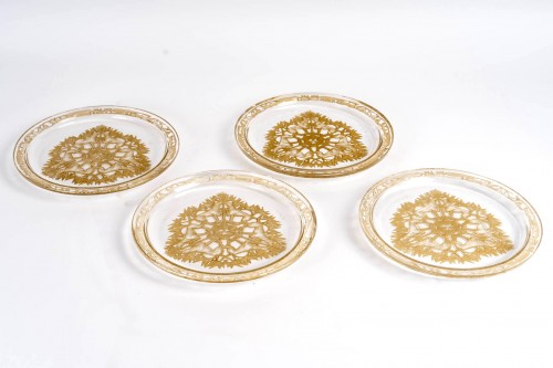 1914 René Lalique - 4 Plates Dishes Chasse Chiens Glass With Sepia Patina - Glass & Crystal Style Art nouveau