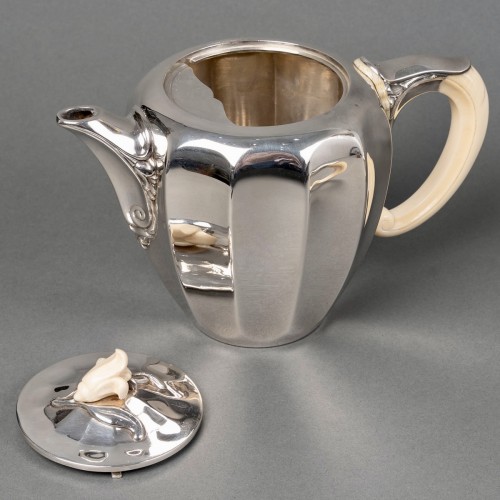 20th century - 1922 Jean E. Puiforcat - Art Nouveau Tea Coffee Set Sterling Silver Ivory