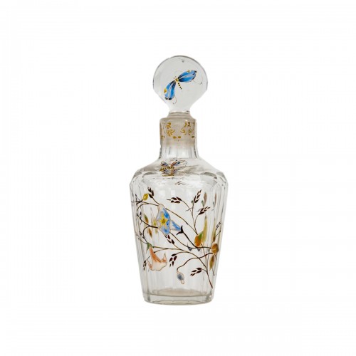 Emile Gallé Perfume Bottle Glass With Enameled Dragonfly, Bees And Flowers