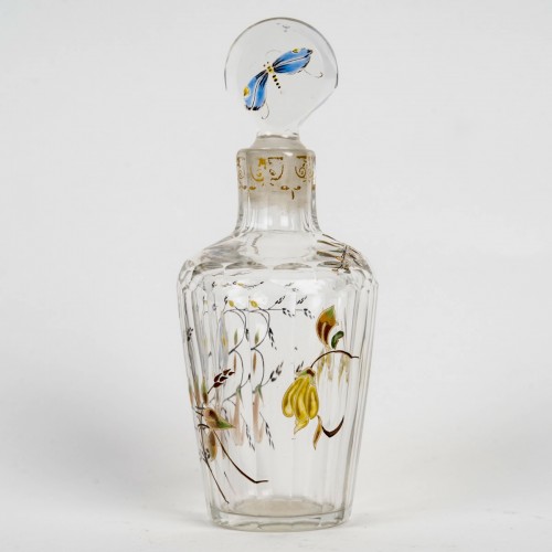 Emile Gallé Perfume Bottle Glass With Enameled Dragonfly, Bees And Flowers - Glass & Crystal Style Art nouveau