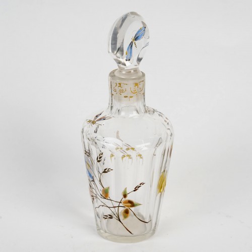 Glass & Crystal  - Emile Gallé Perfume Bottle Glass With Enameled Dragonfly, Bees And Flowers