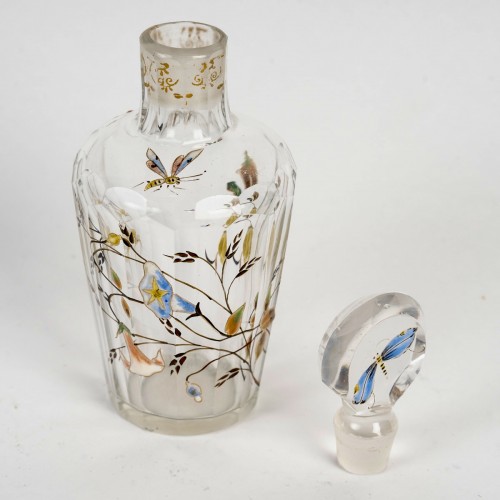 Emile Gallé Perfume Bottle Glass With Enameled Dragonfly, Bees And Flowers - 