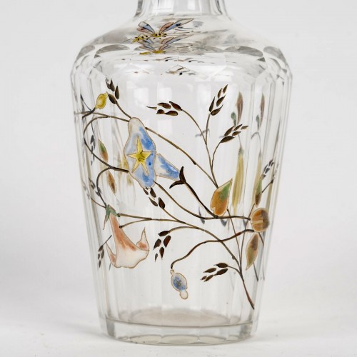 20th century - Emile Gallé Perfume Bottle Glass With Enameled Dragonfly, Bees And Flowers