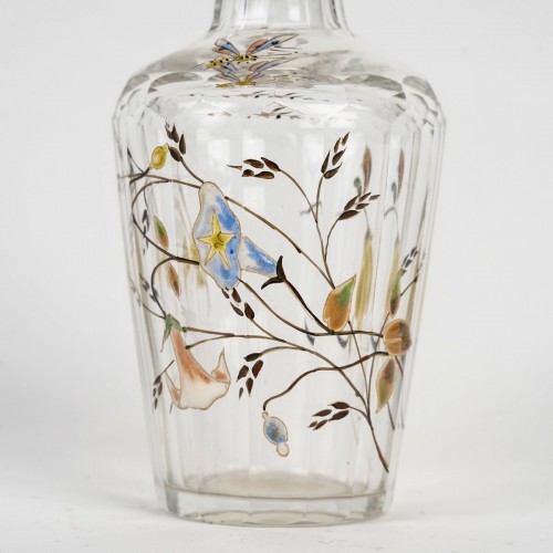 Emile Gallé - Flacon cristallerie verre libellule abeilles et fleurs emaillées - Art nouveau