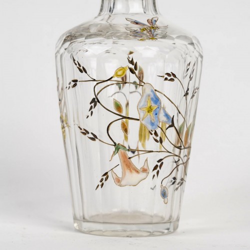 Art nouveau - Emile Gallé Perfume Bottle Glass With Enameled Dragonfly, Bees And Flowers