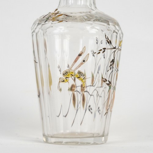 Antiquités - Emile Gallé Perfume Bottle Glass With Enameled Dragonfly, Bees And Flowers