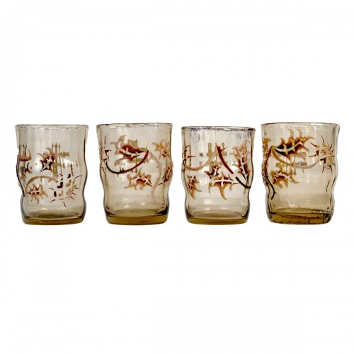 Emile Gallé - 4 Verres Gobelets Saké Liqueur Verre Emaillé Aux Chardons