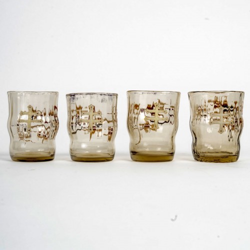 Emile Gallé - 4 Verres Gobelets Saké Liqueur Verre Emaillé Aux Chardons - Argenterie et Arts de la table Style Art nouveau