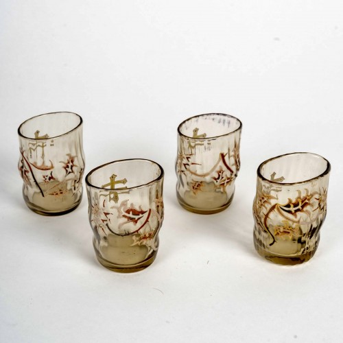 Emile Gallé - 4 Verres Gobelets Saké Liqueur Verre Emaillé Aux Chardons - Art nouveau