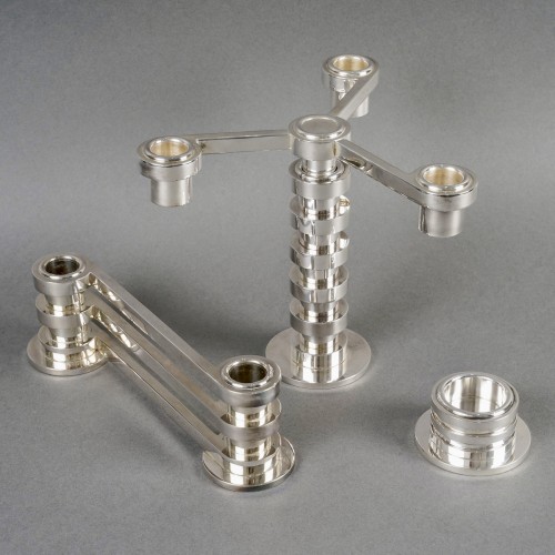 Puiforcat - 3 Art Deco Modernist Candlesticks Ruban Plated Silver - 