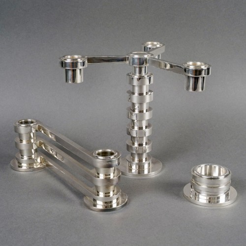 Antiquités - Puiforcat - 3 Art Deco Modernist Candlesticks Ruban Plated Silver