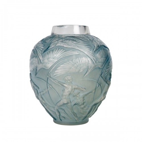 1921 René Lalique - Vase Archers Verre Blanc Patiné Bleu